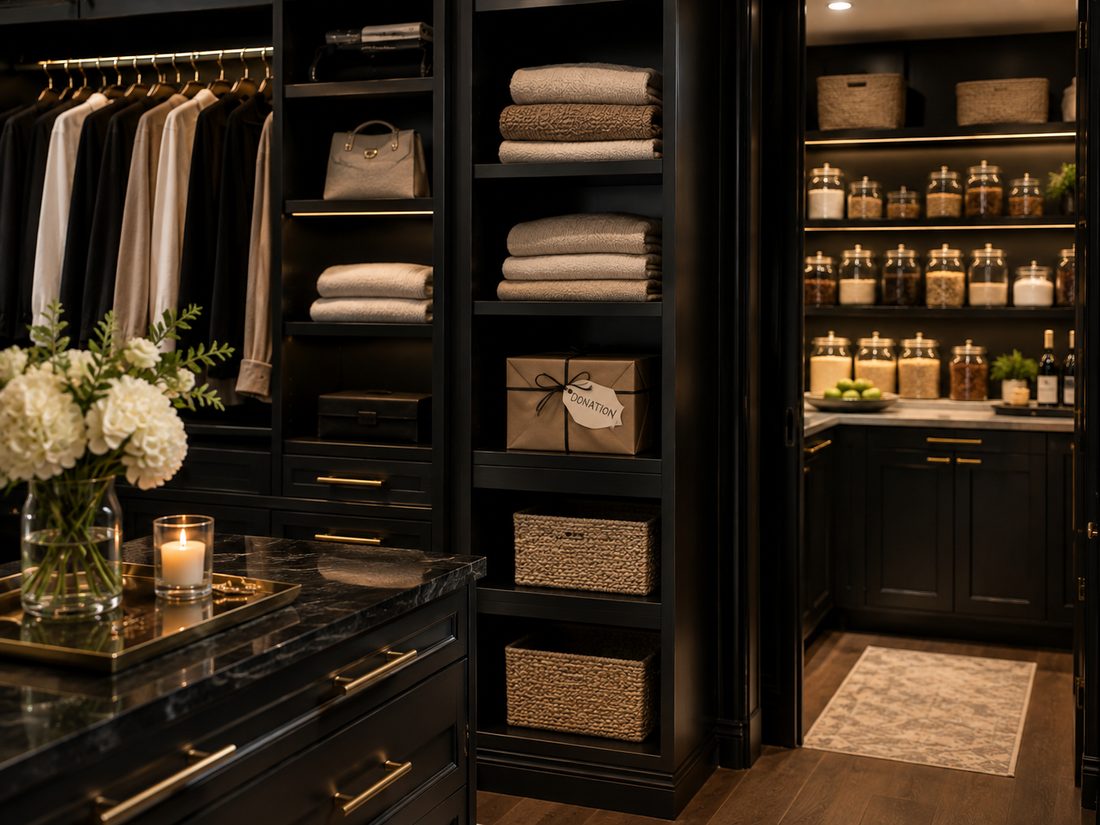 Organized luxury closet with a donation box set aside