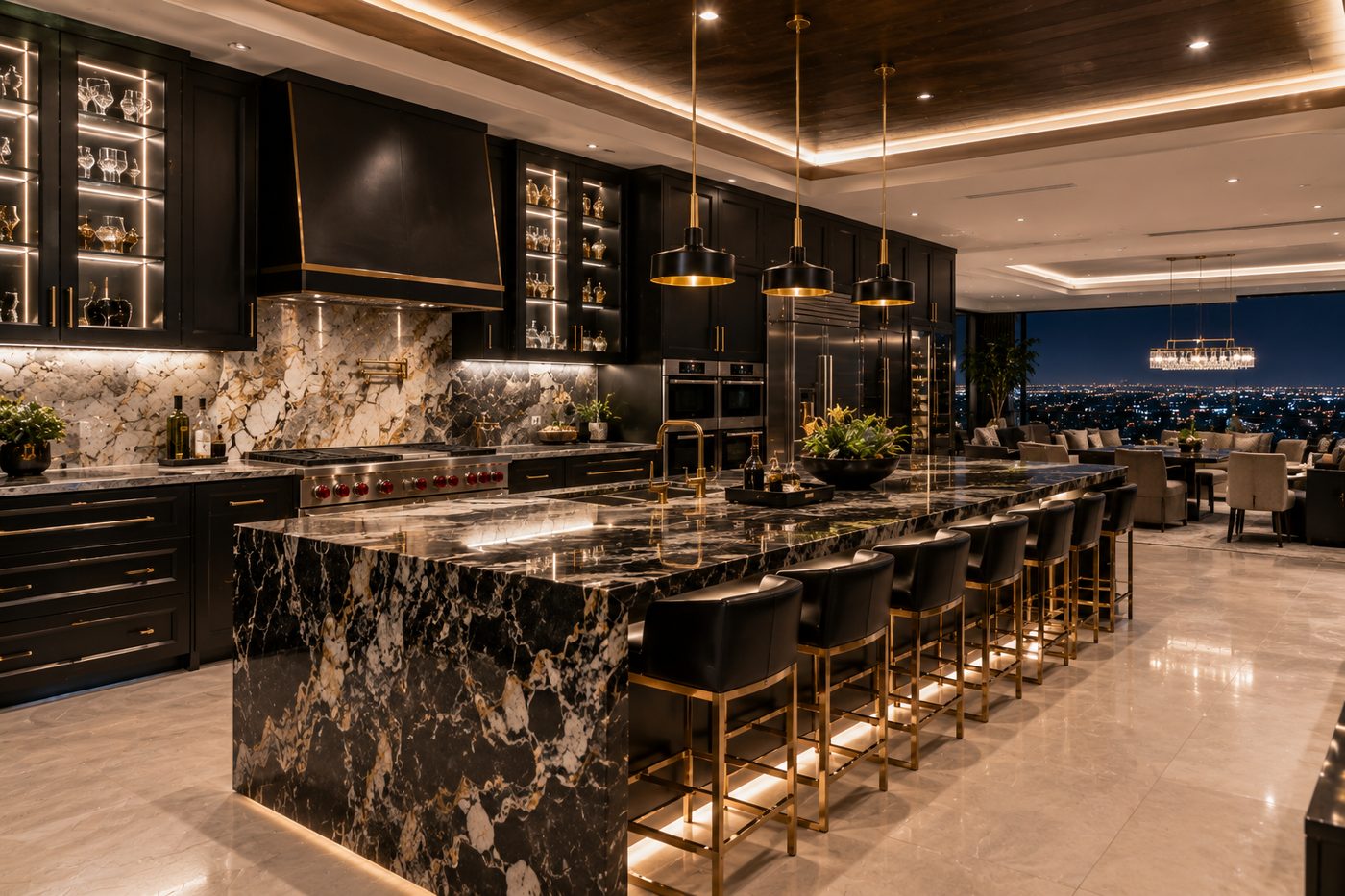 Opulent black-and-gold chef's kitchen